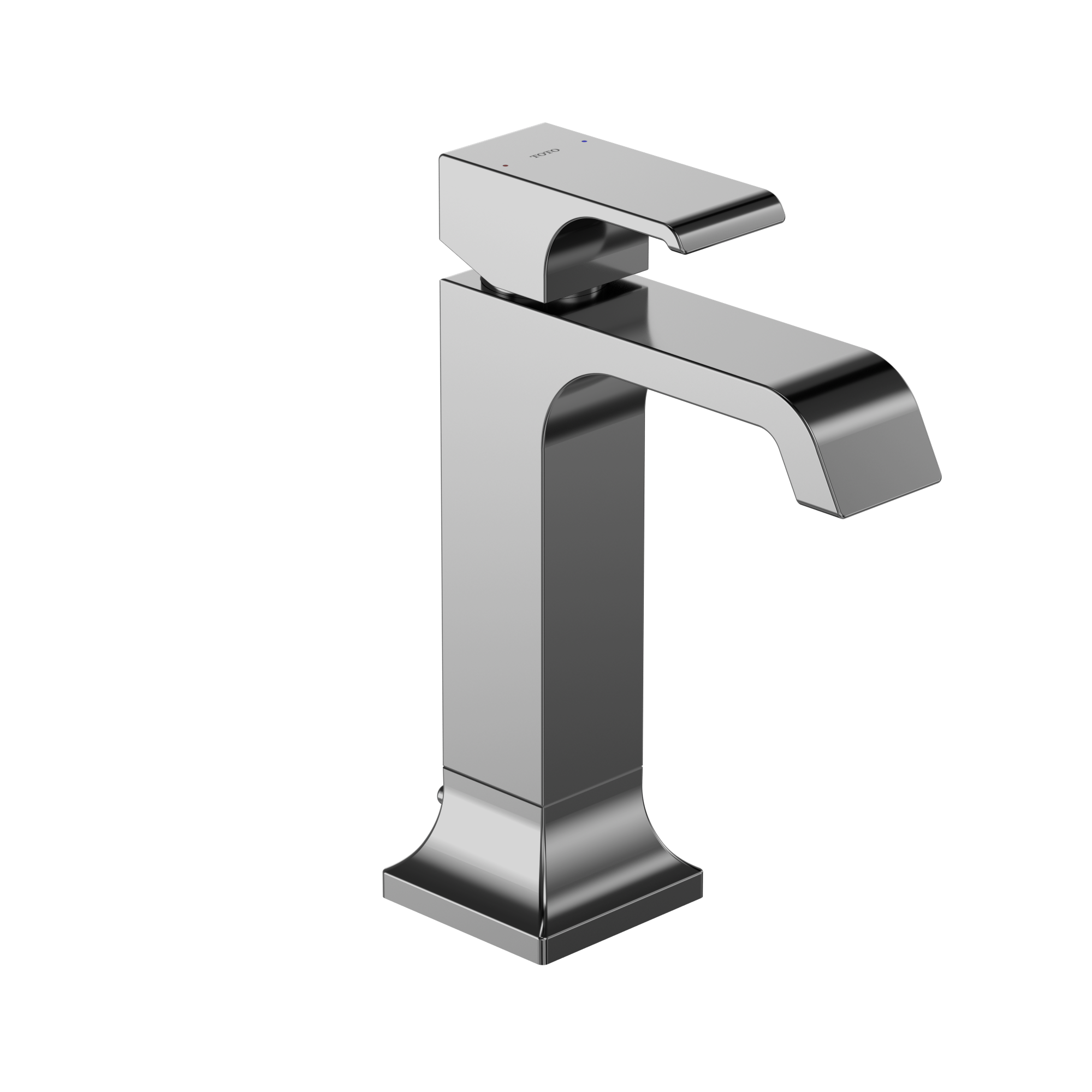 Polished chrome single-handle bathroom sink faucet with tall squared base and curved spout.