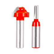 Two router bits with red plastic heads and silver metal shanks, one with a curved decorative profile and one with a straight 