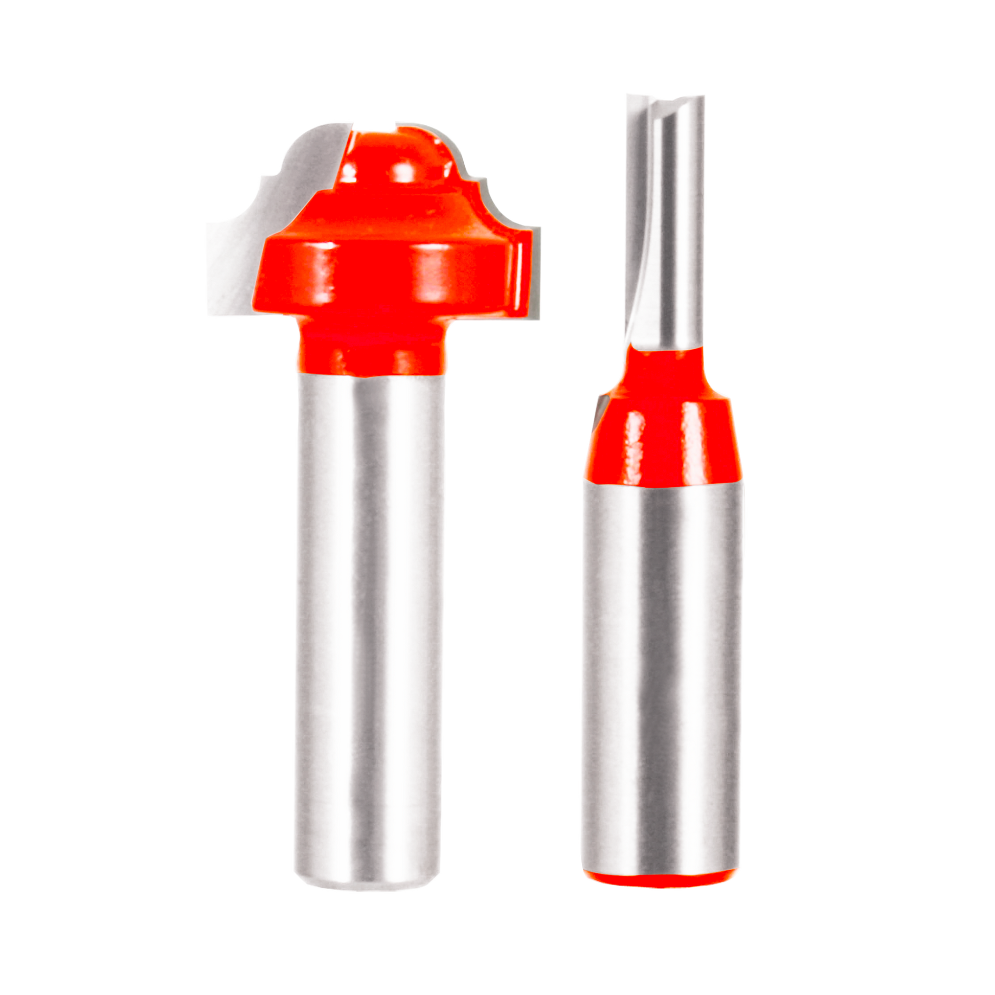 Two router bits with red plastic heads and silver metal shanks, one with a curved decorative profile and one with a straight 