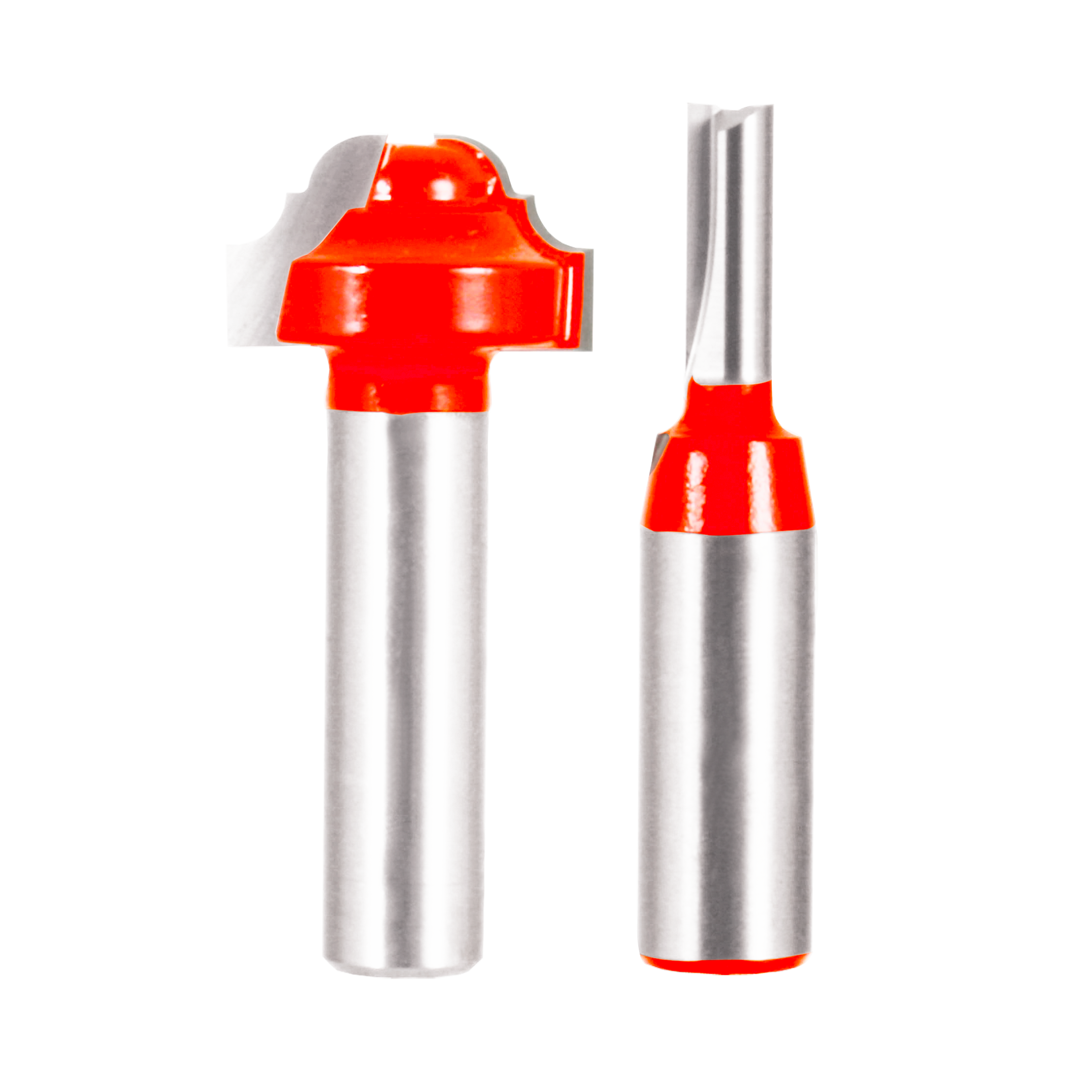 Two router bits with red plastic heads and silver metal shanks, one with a curved decorative profile and one with a straight 