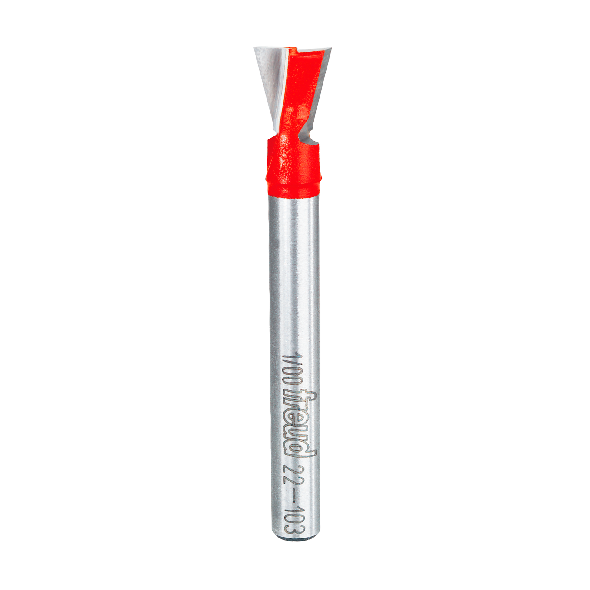 Freud 22-103 dovetail bit with red cutting head and silver cylindrical shank marked with model number.