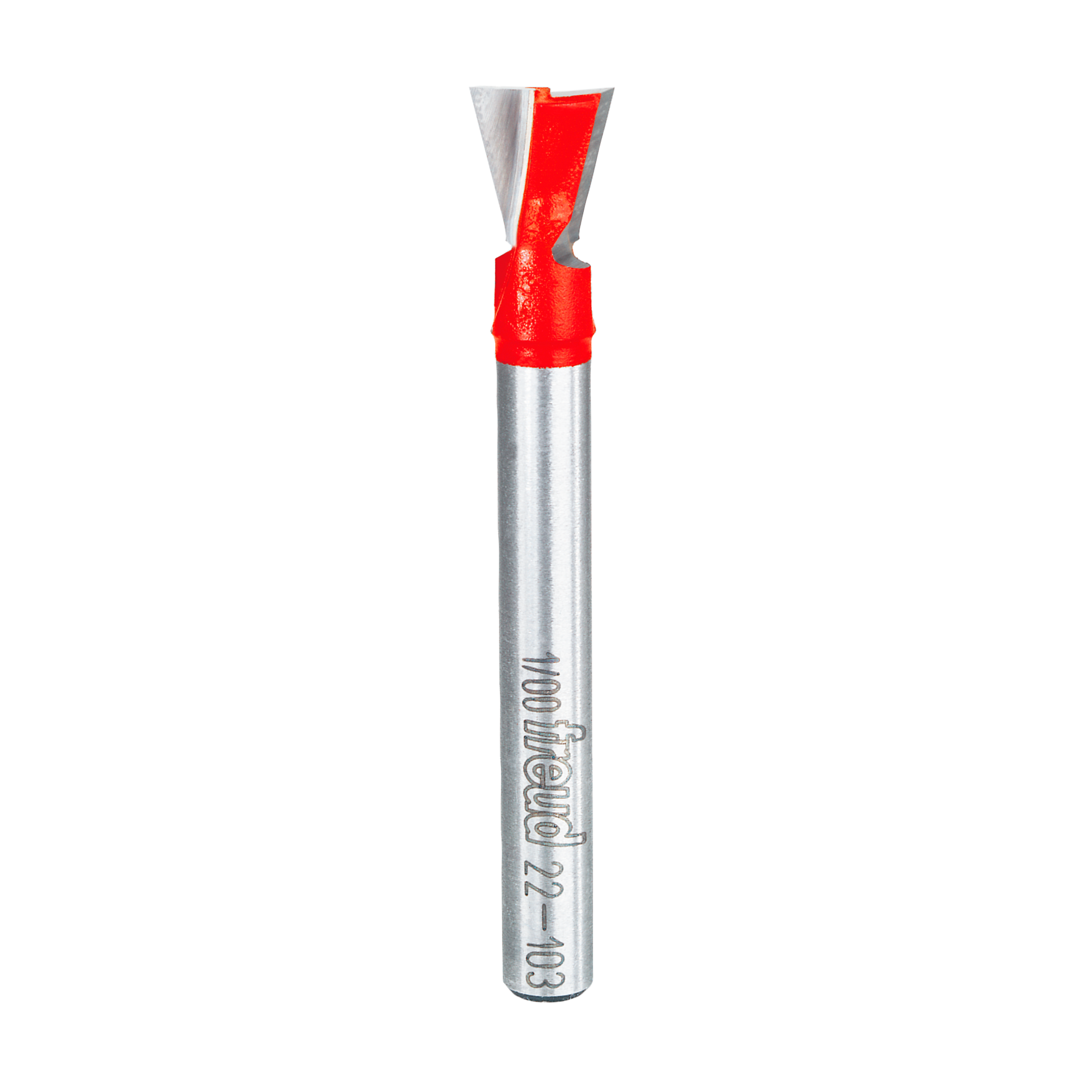 Freud 22-103 dovetail bit with red cutting head and silver cylindrical shank marked with model number.