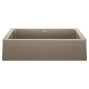 Truffle-colored single-bowl apron farmhouse sink with a rectangular basin and sloped sides.