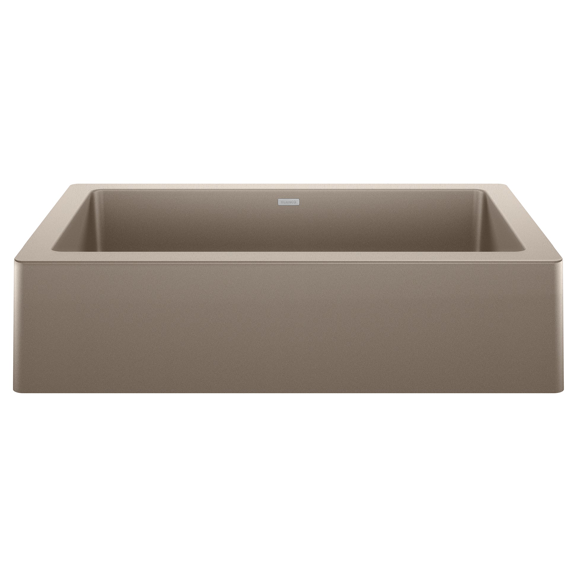 Truffle-colored single-bowl apron farmhouse sink with a rectangular basin and sloped sides.