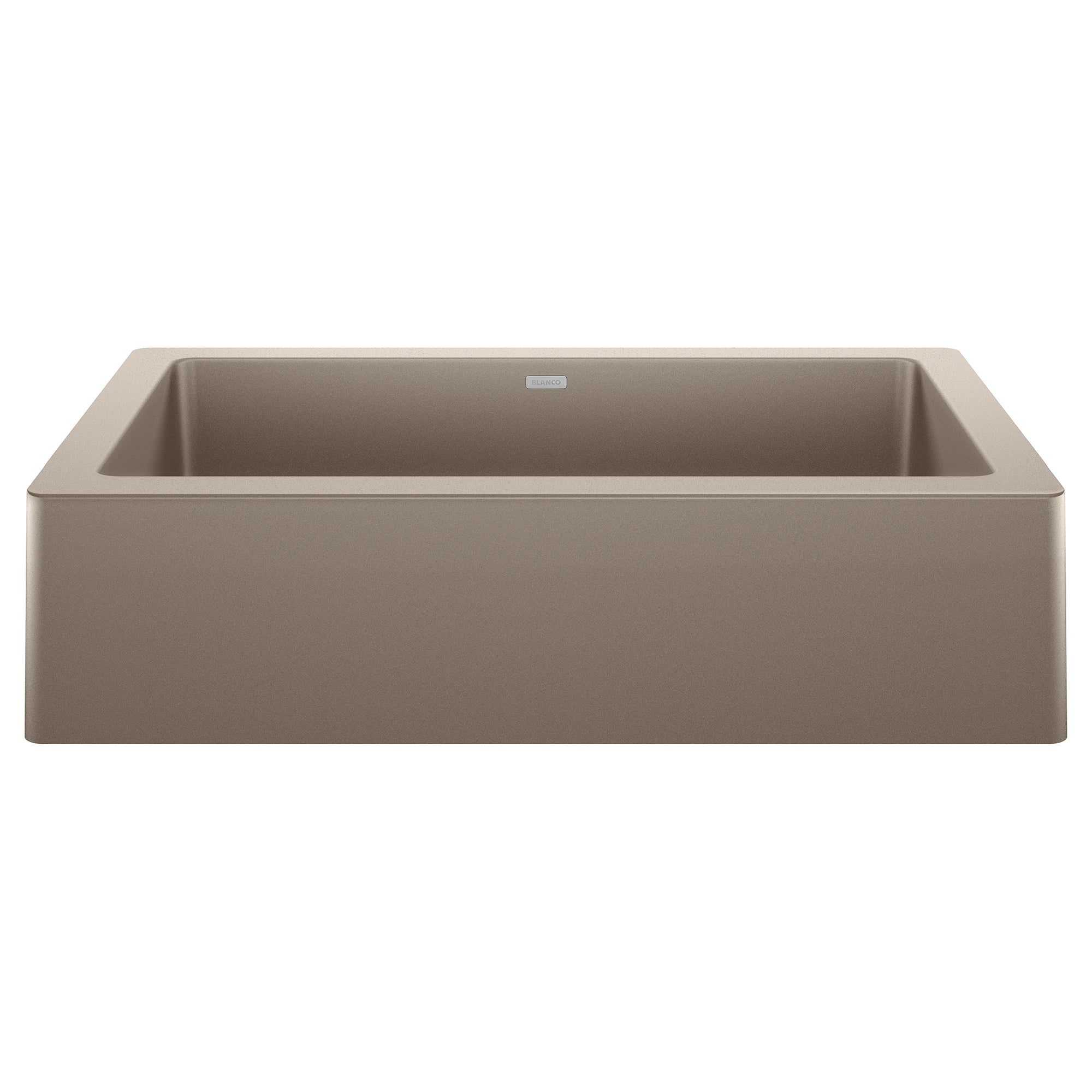 Truffle-colored single-bowl apron farmhouse sink with a rectangular basin and sloped sides.