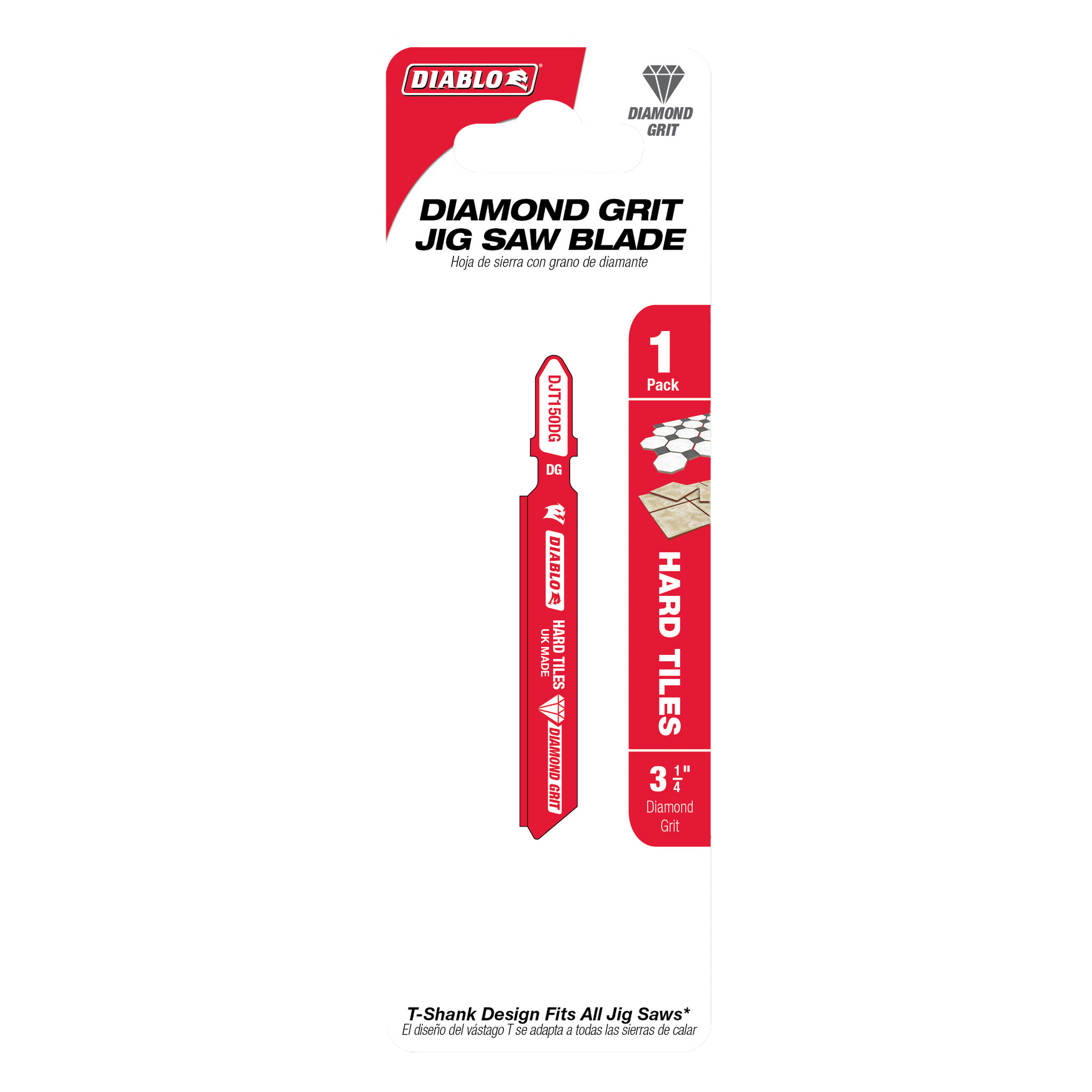 Diablo diamond grit jig saw blade with T-shank connection and red packaging, designed for hard tiles.