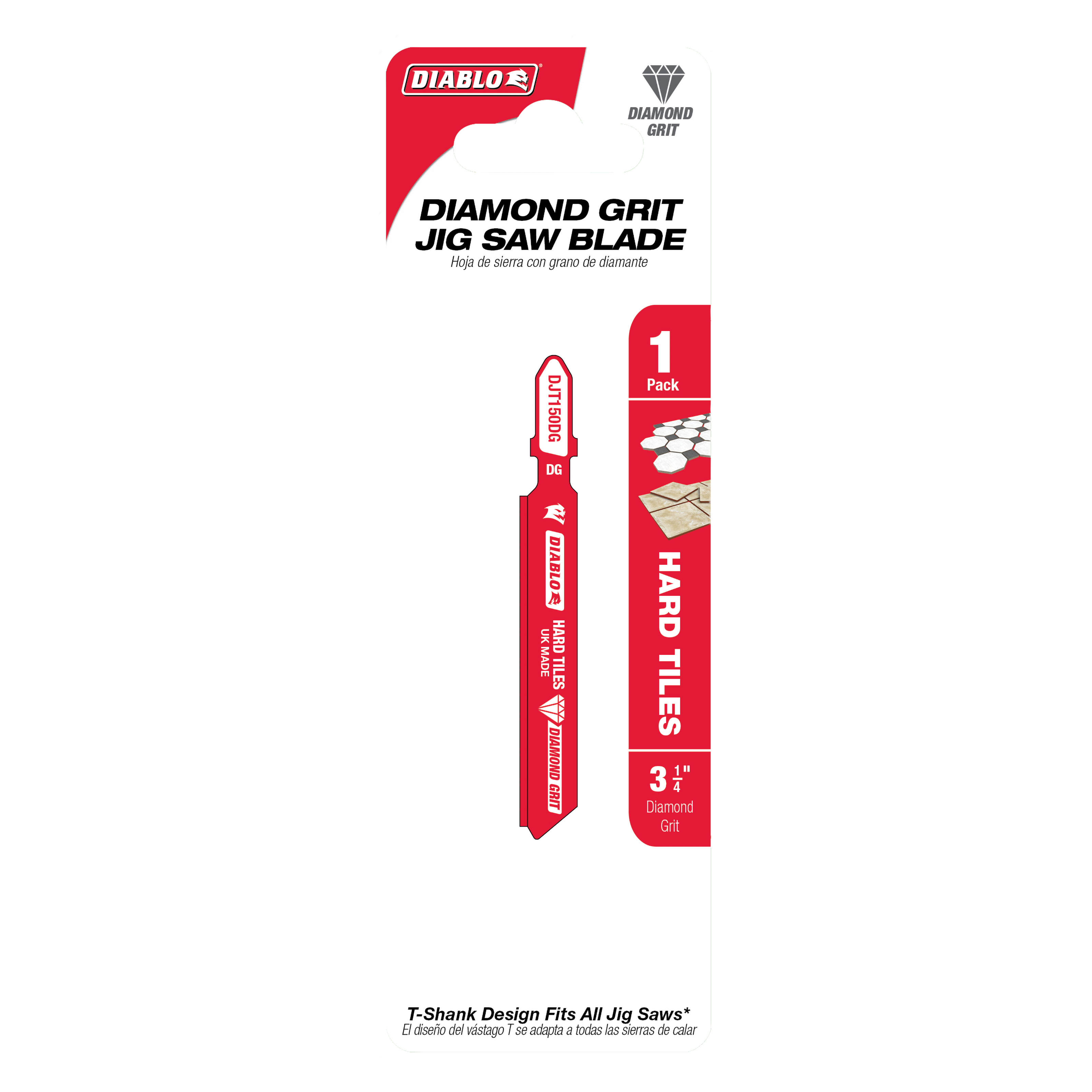 Diablo diamond grit jig saw blade with T-shank connection and red packaging, designed for hard tiles.