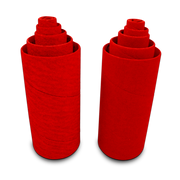 Red cylindrical sanding sleeves in assorted sizes stacked in two groups.