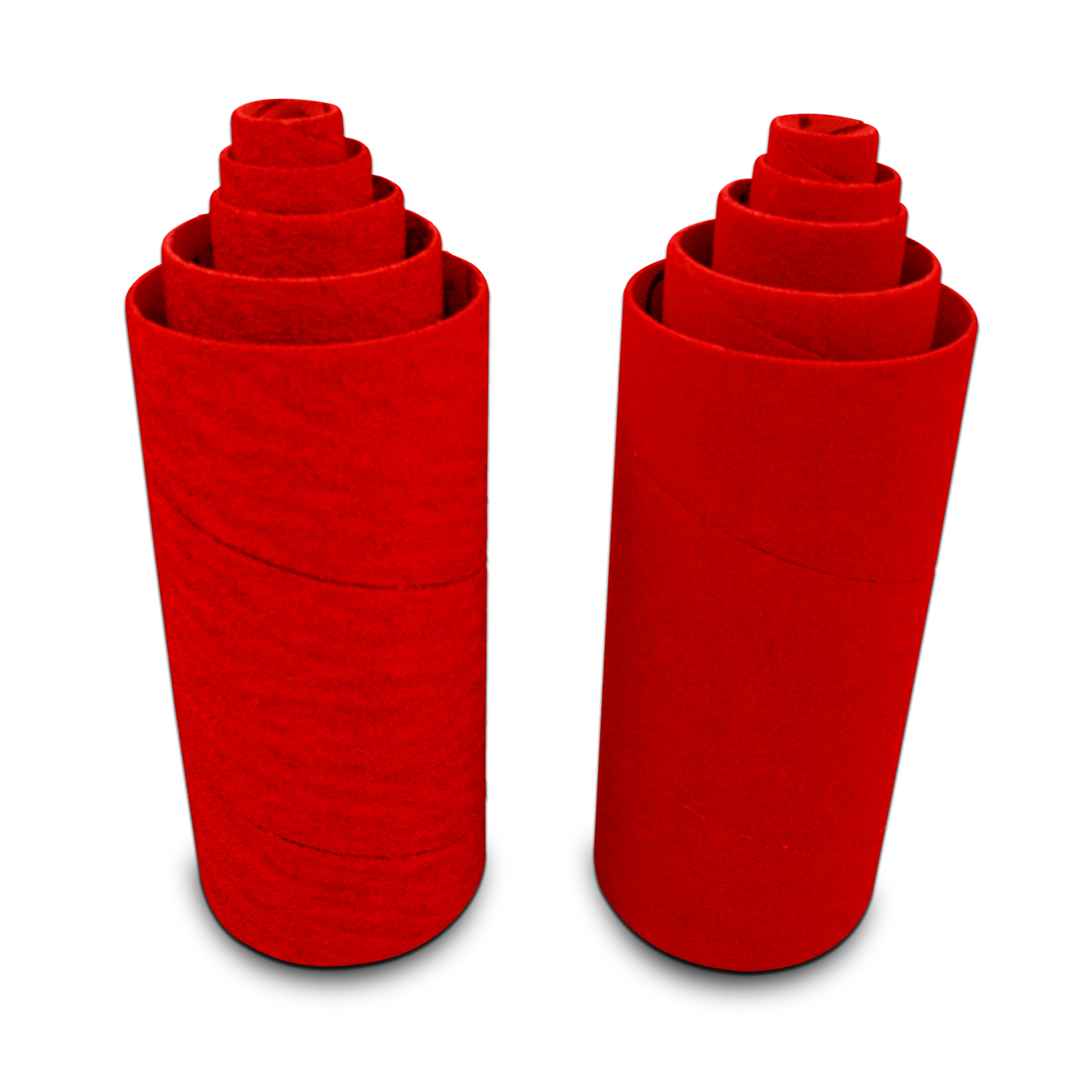 Red cylindrical sanding sleeves in assorted sizes stacked in two groups.