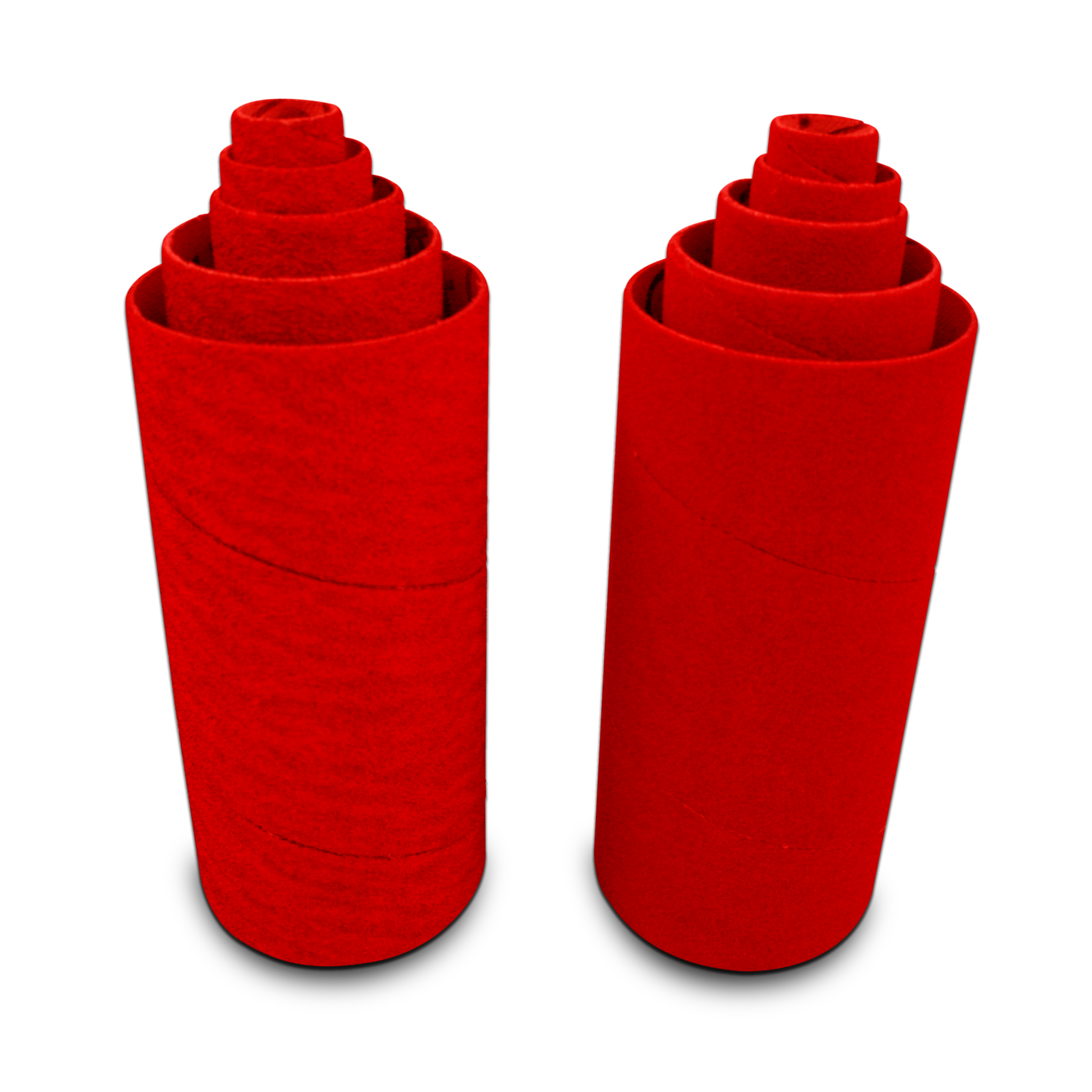 Red cylindrical sanding sleeves in assorted sizes stacked in two groups.