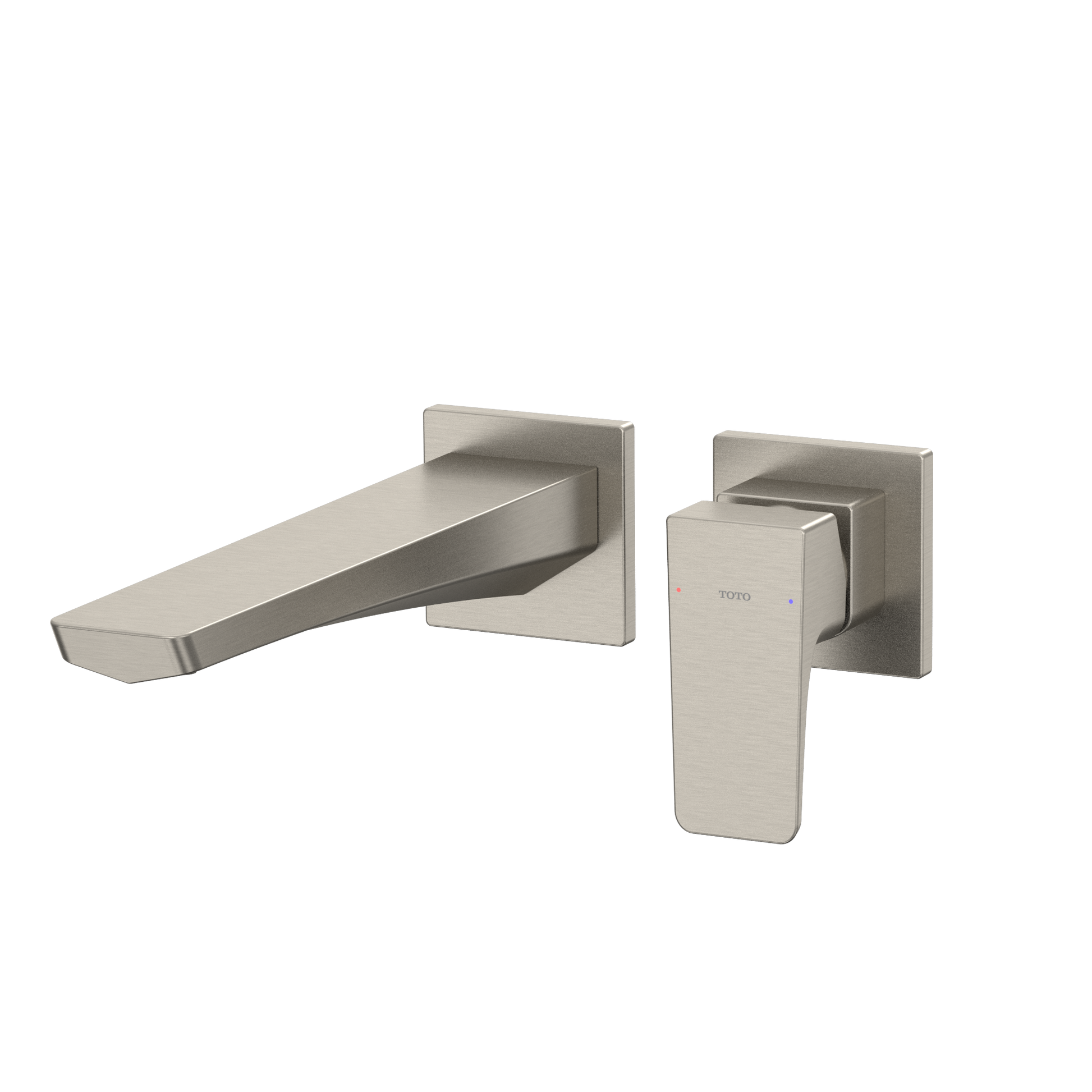 Brushed nickel wall-mount bathroom faucet with single handle lever and extended spout.