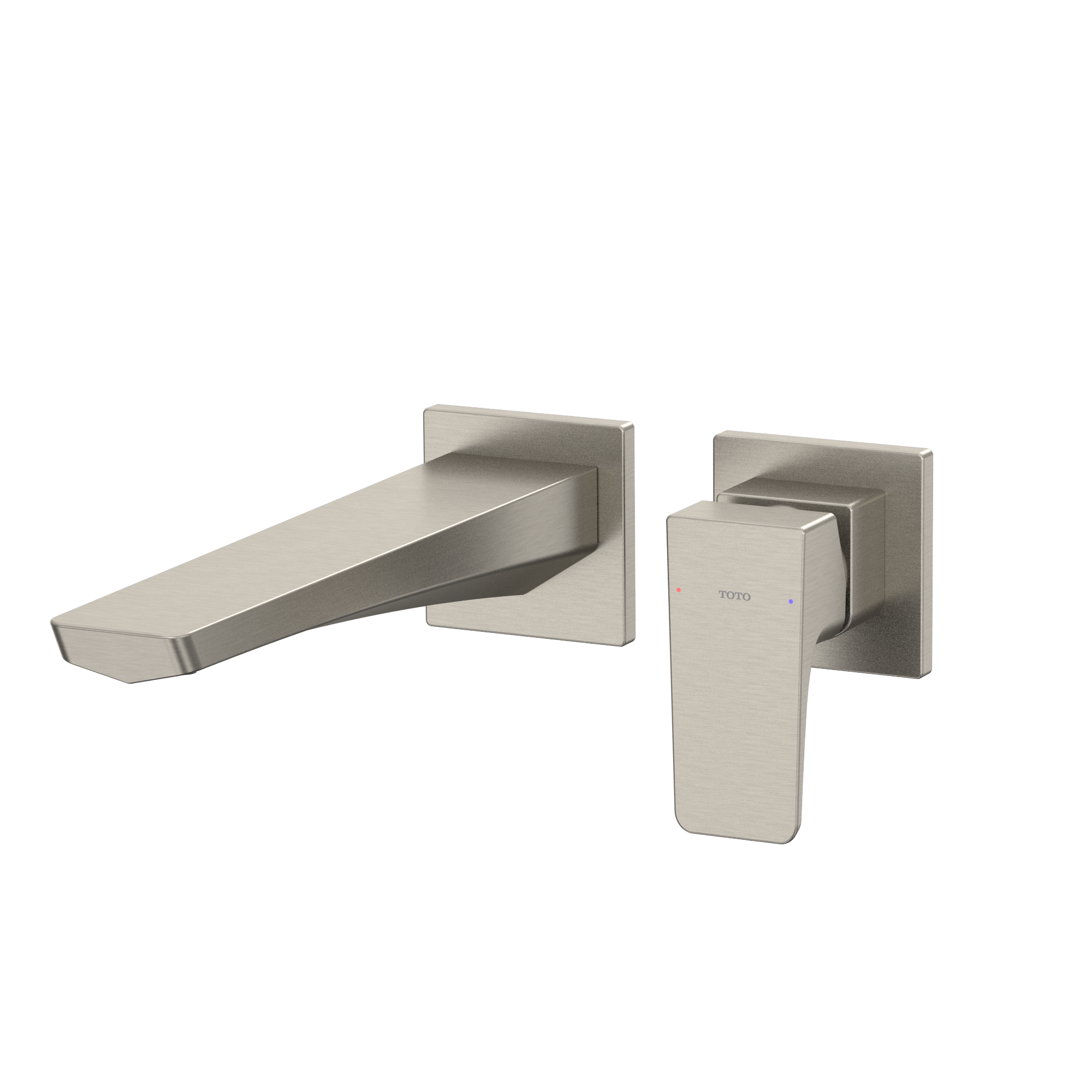 Brushed nickel wall-mount bathroom faucet with single handle lever and extended spout.