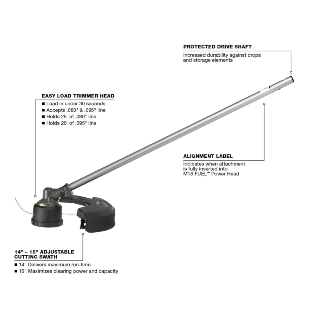 Milwaukee M18 FUEL string trimmer attachment with gray shaft, black trimmer head, and adjustable cutting swath.