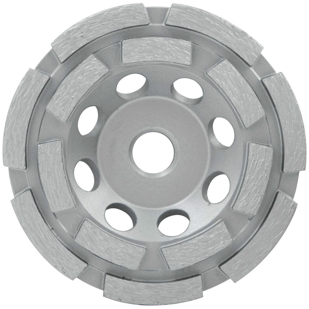 Gray diamond cup wheel with double row of diamond segments around outer edge and central mounting hole.