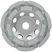 Gray diamond cup wheel with double row of diamond segments around outer edge and central mounting hole.