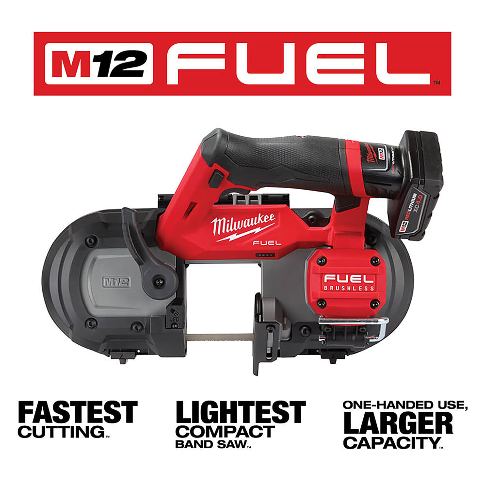 Milwaukee M12 FUEL compact band saw with red body, black grip, battery pack attached, and gray cutting head.