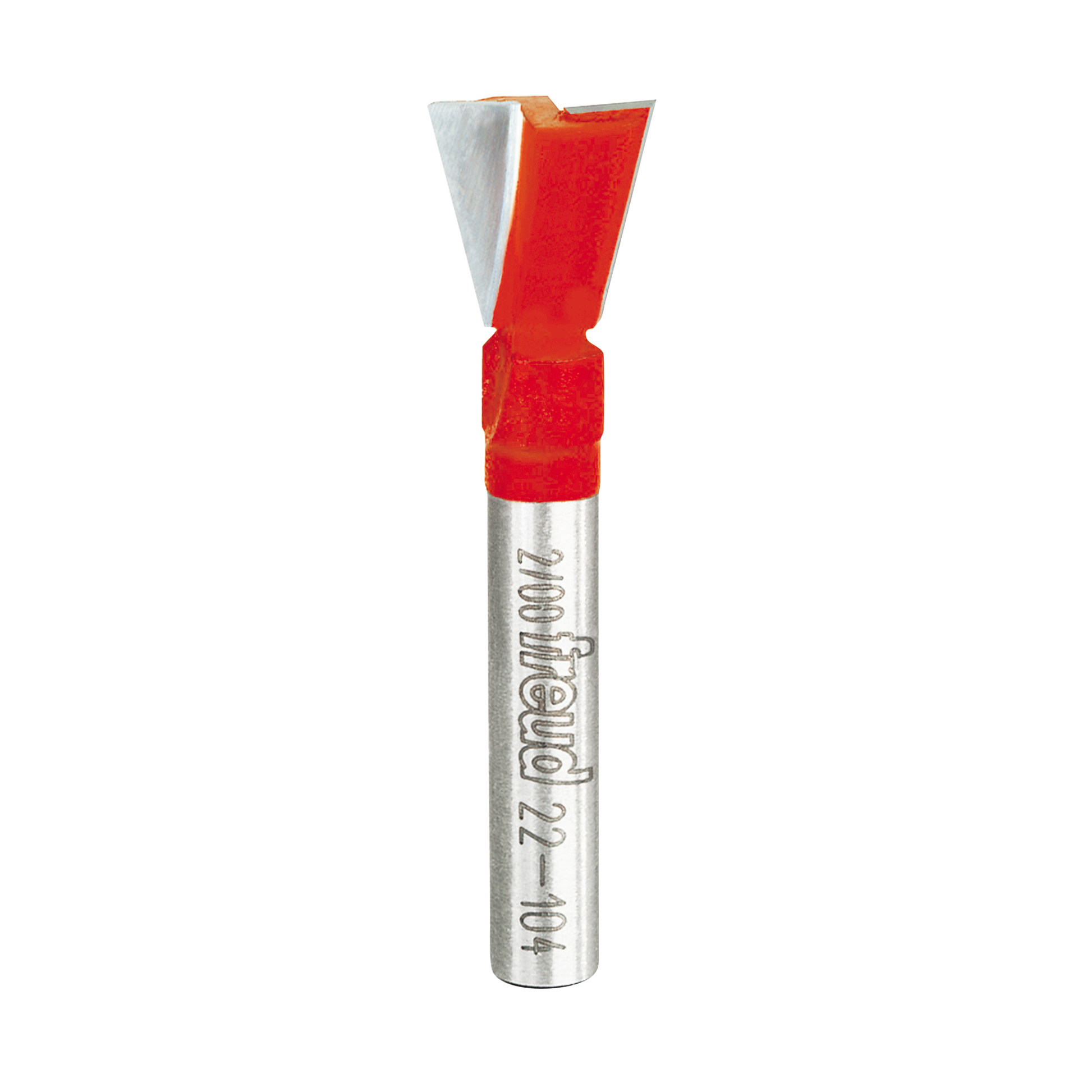 Freud 1/2" dovetail router bit with red coating and metal shaft against white background.