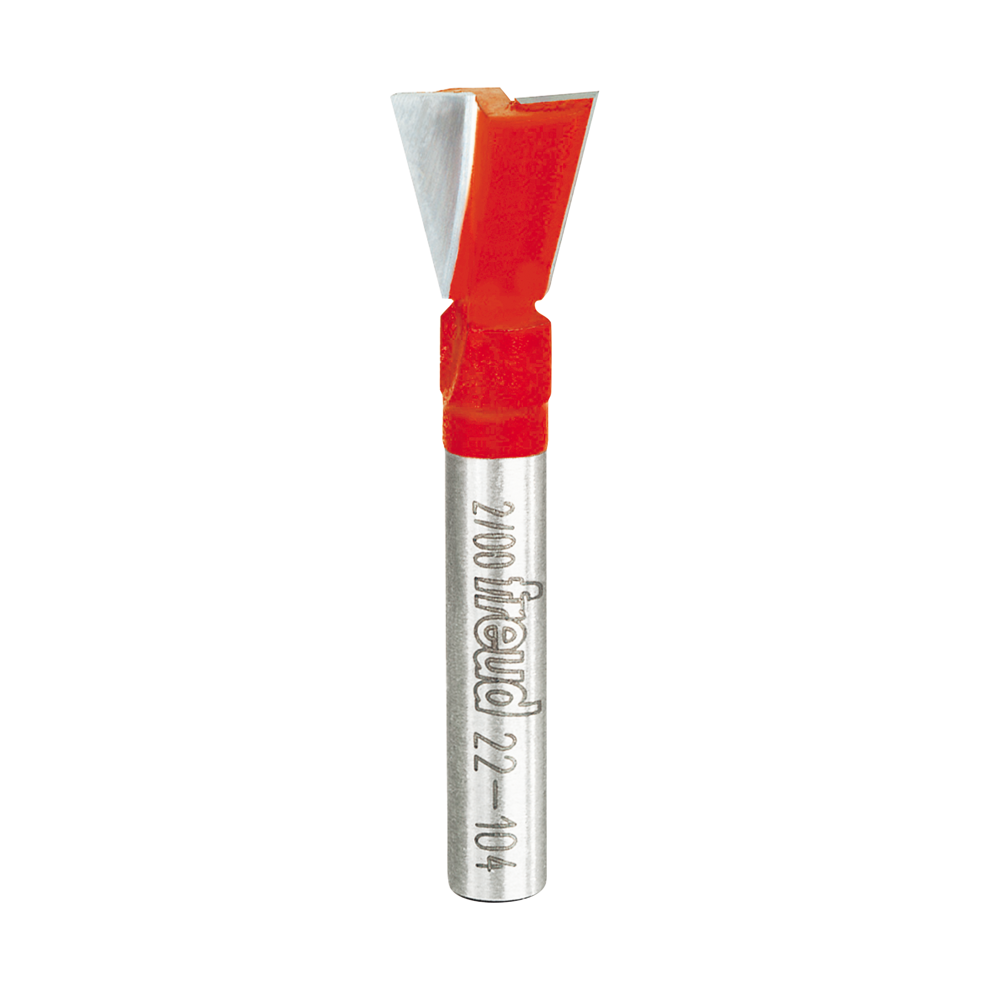 Freud 1/2" dovetail router bit with red coating and metal shaft against white background.