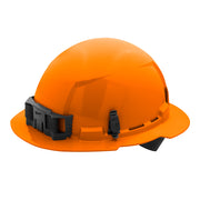 Orange full brim hard hat with black ratcheting suspension system and chin strap.