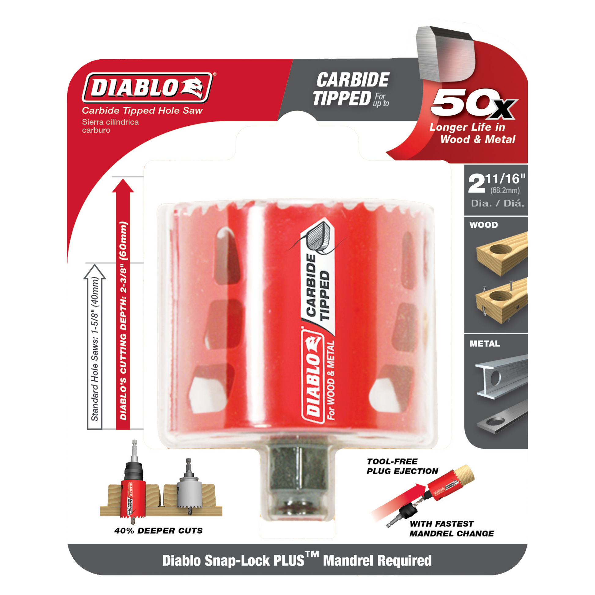 Diablo carbide-tipped holesaw with red plastic casing, 2-11/16 inch diameter, shown in packaging with wood and metal applicat