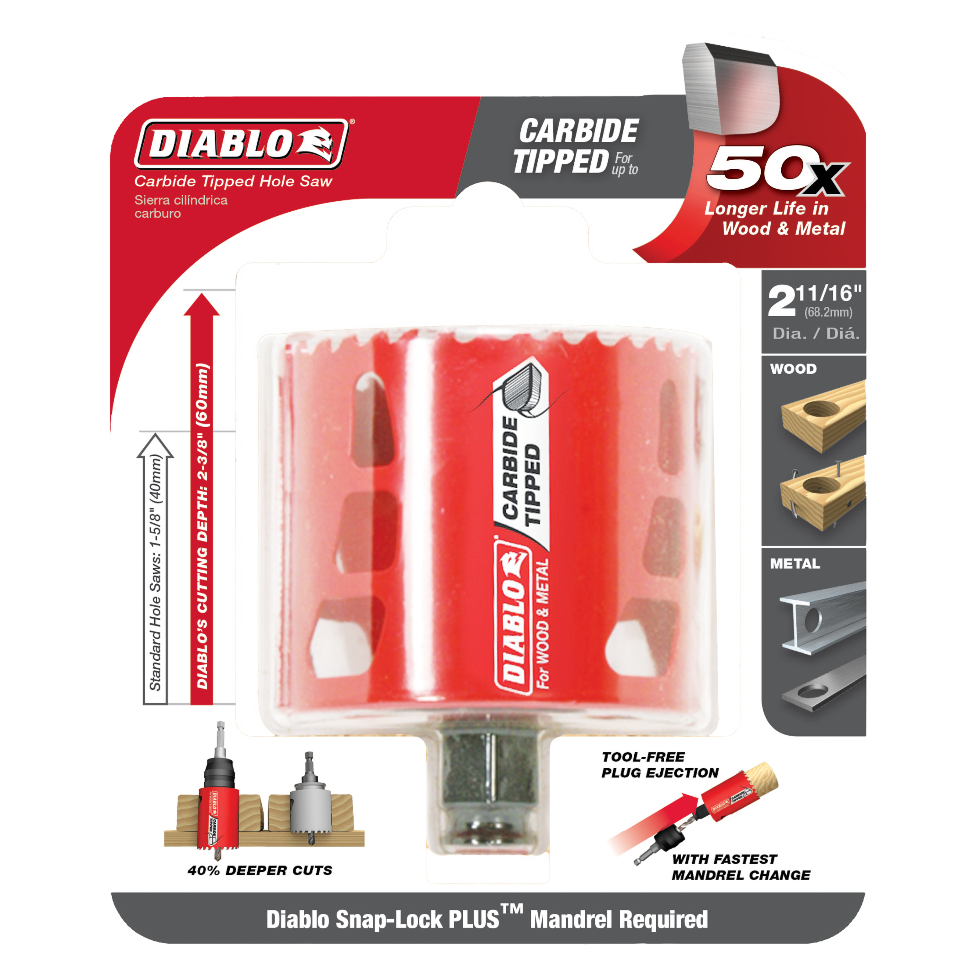 Diablo carbide-tipped holesaw with red plastic casing, 2-11/16 inch diameter, shown in packaging with wood and metal applicat