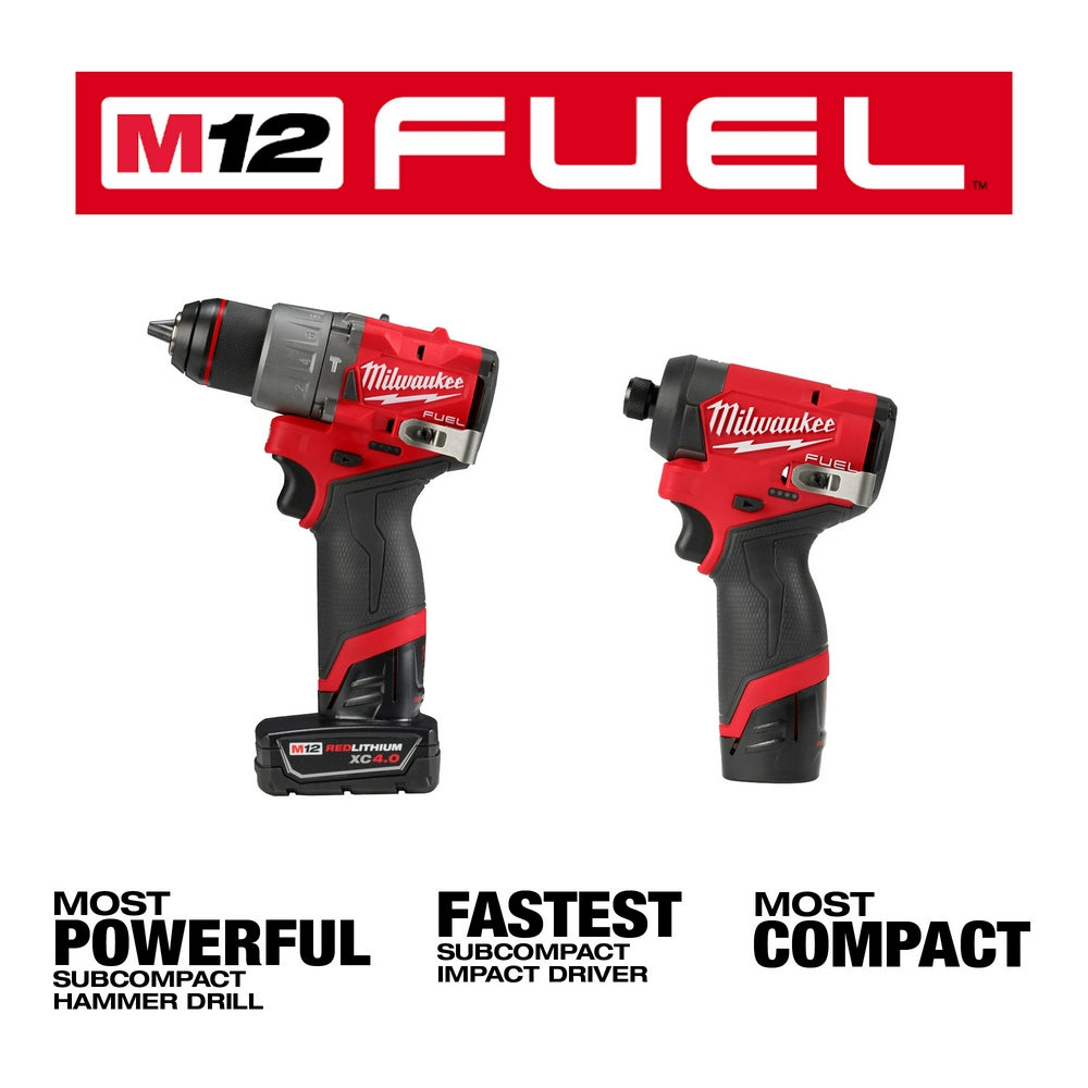 Red and black Milwaukee M12 FUEL hammer drill and compact impact driver with battery, displayed side by side.