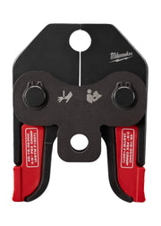 Black and red metal crimp jaw with two circular openings and red lever handles at base.