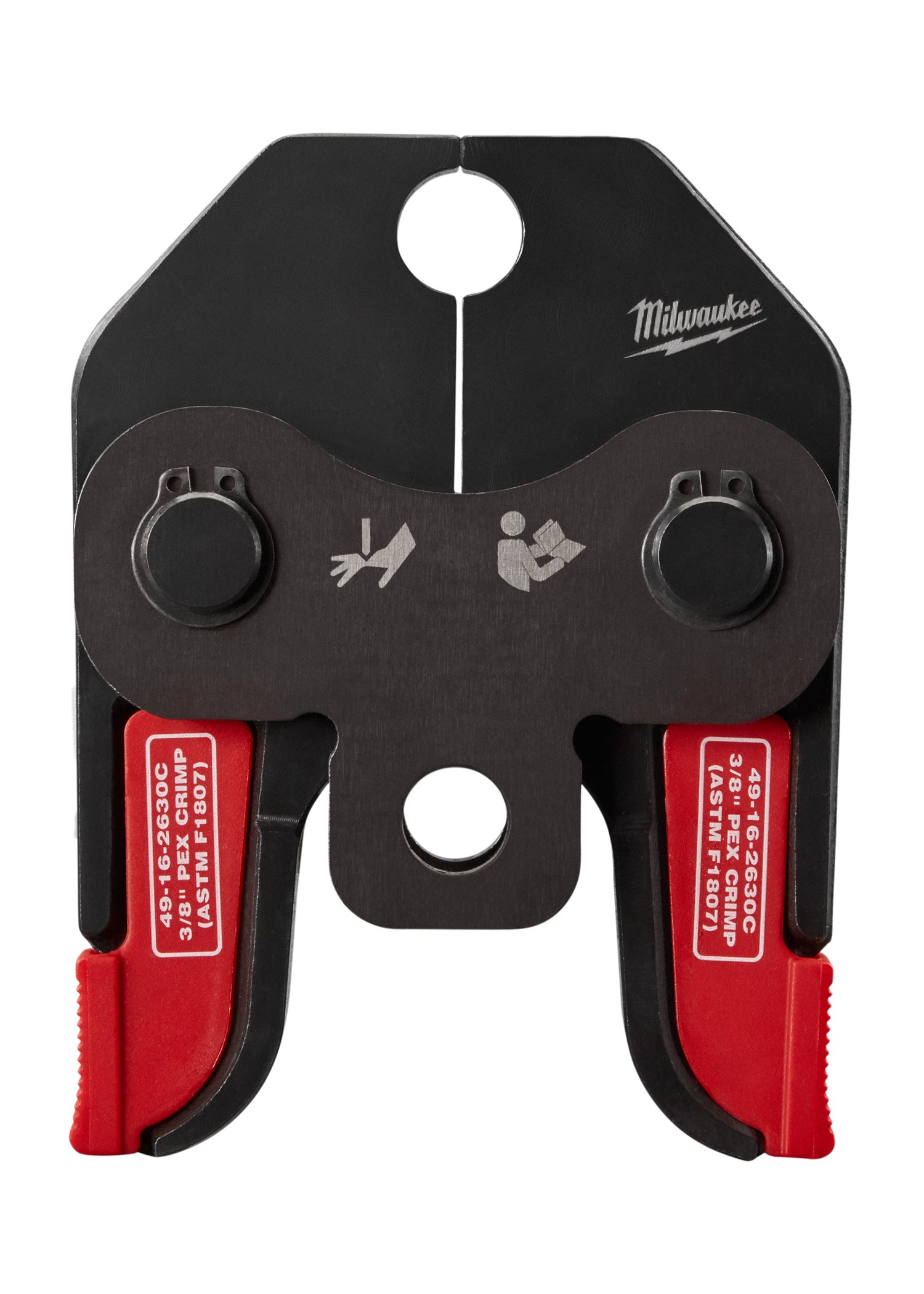 Black and red metal crimp jaw with two circular openings and red lever handles at base.