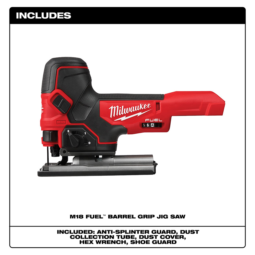 Red and black Milwaukee M18 FUEL barrel grip jig saw with variable speed dial and flat base platform.