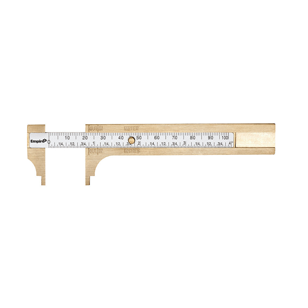 Brass pocket caliper with white measurement scale marked 0-100, adjustable sliding jaw, and Empire brand label.