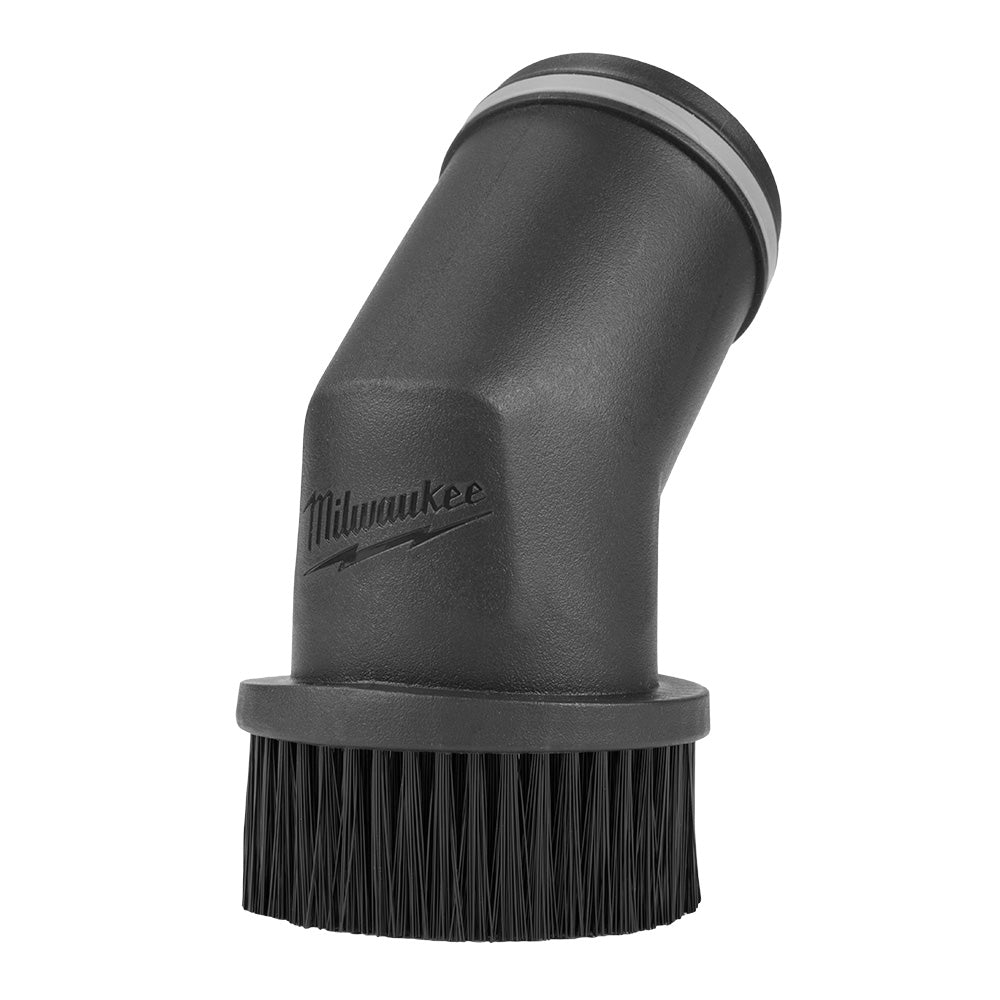Black Milwaukee round brush tool with angled plastic head and black bristles at base.