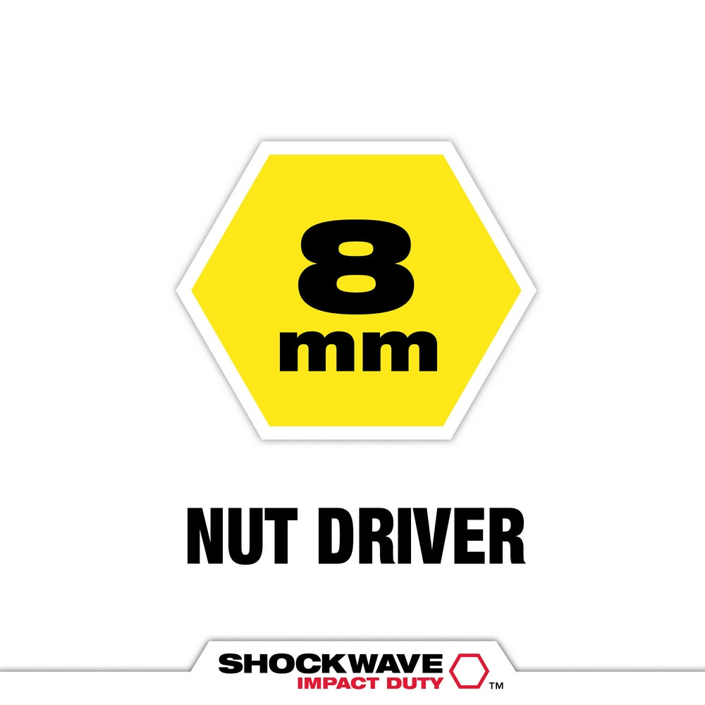 Yellow hexagonal socket with black "8 mm" text and "NUT DRIVER" label below, Shockwave Impact Duty branding at bottom.