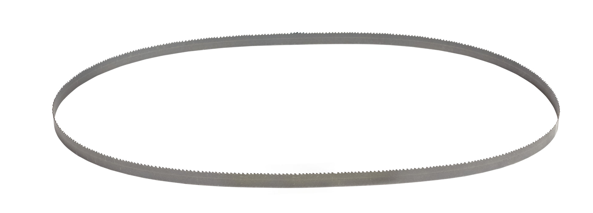 Thin metal band saw blade with fine teeth around entire circumference.