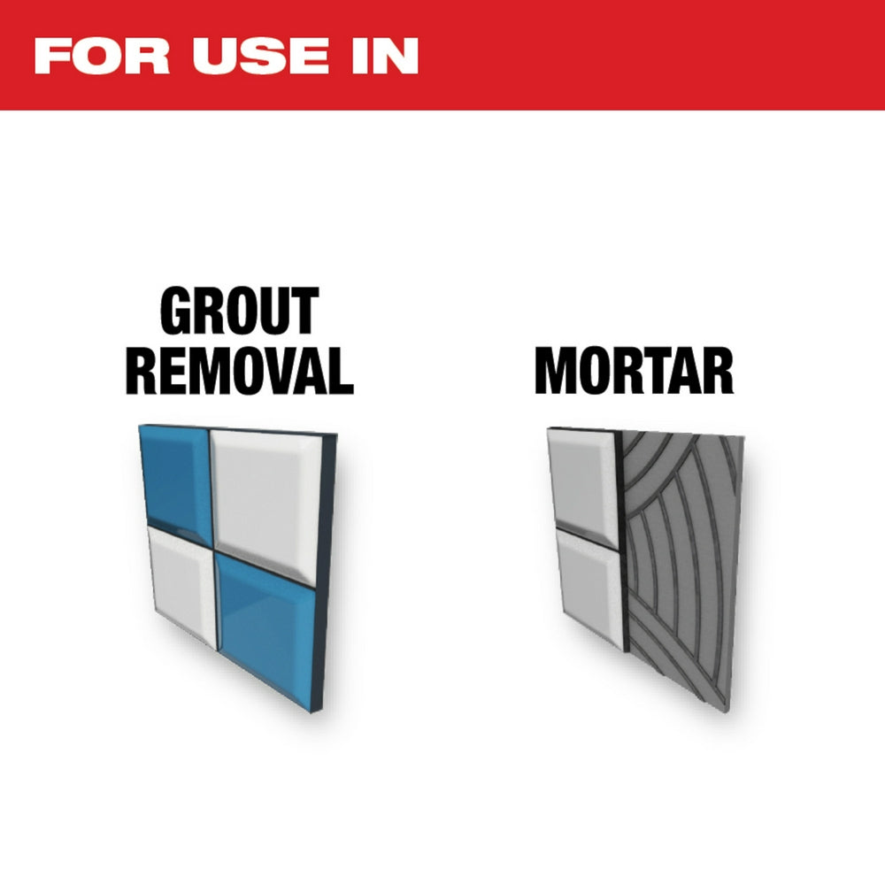 Milwaukee OPEN-LOK carbide grit blade showing grout removal and mortar cutting applications on tile and masonry.