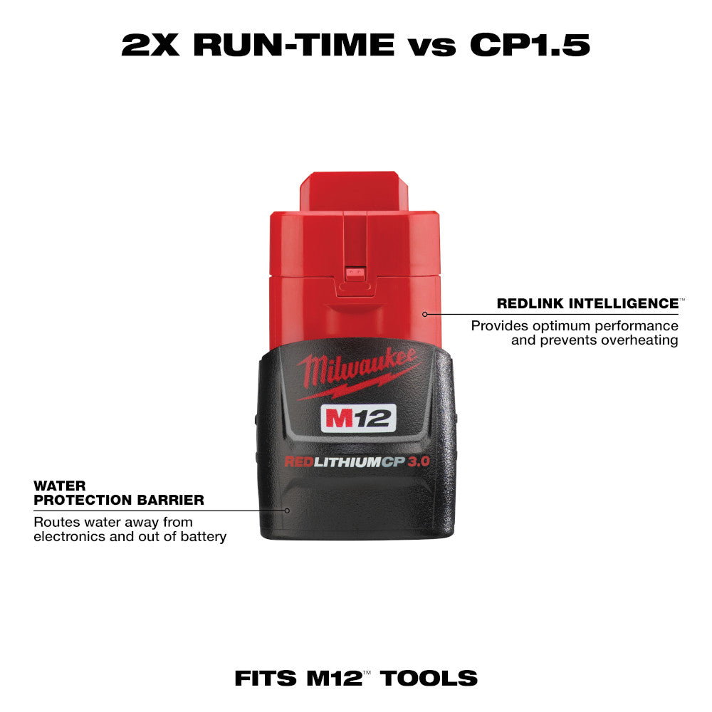 Milwaukee M12 REDLITHIUM 3.0Ah compact battery pack with red upper housing and black lower section labeled with model number.