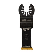 Black Milwaukee OPEN-LOK bi-metal oscillating saw blade with titanium-enhanced cutting edge and slot pattern for metal cuttin