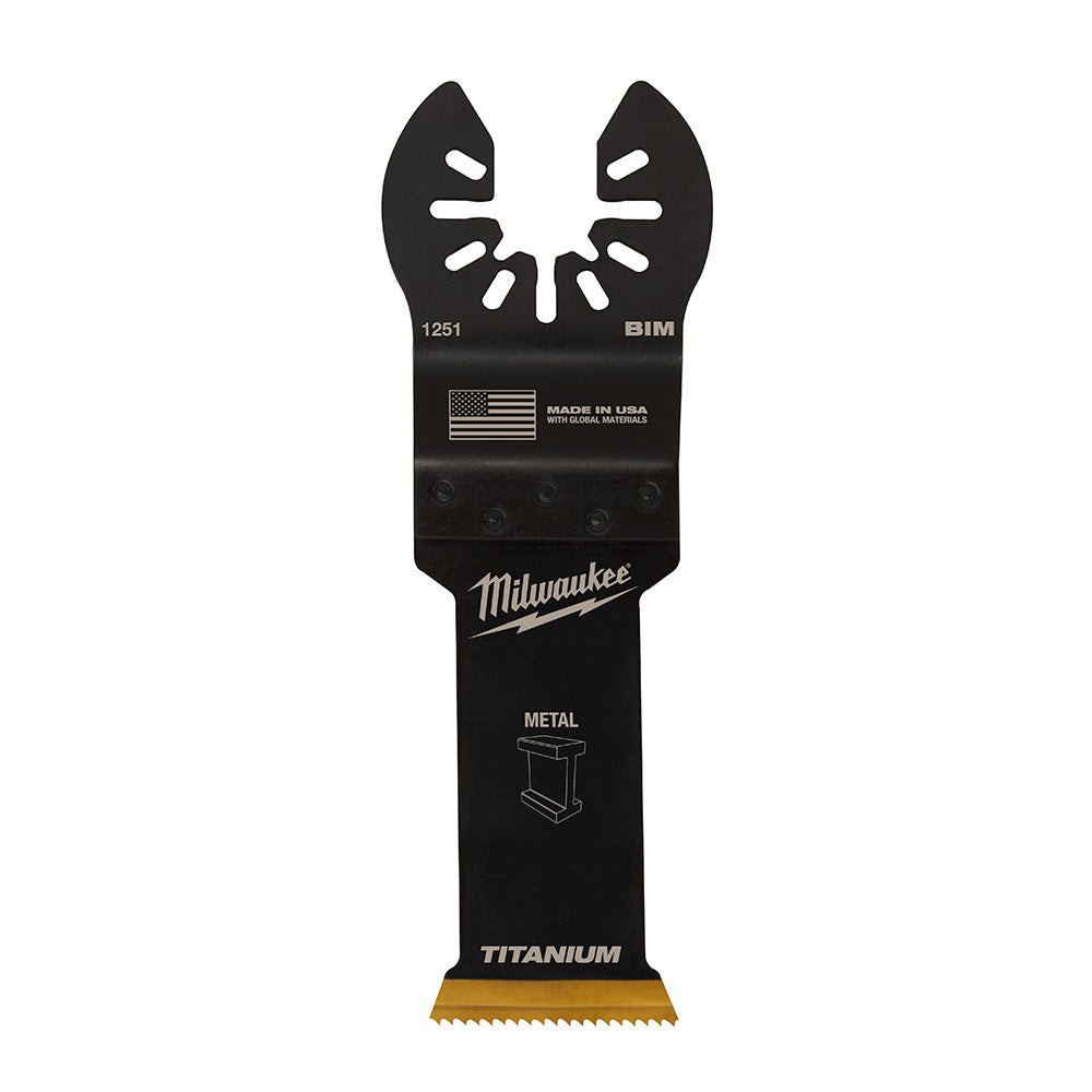 Black Milwaukee OPEN-LOK bi-metal oscillating saw blade with titanium-enhanced cutting edge and slot pattern for metal cuttin