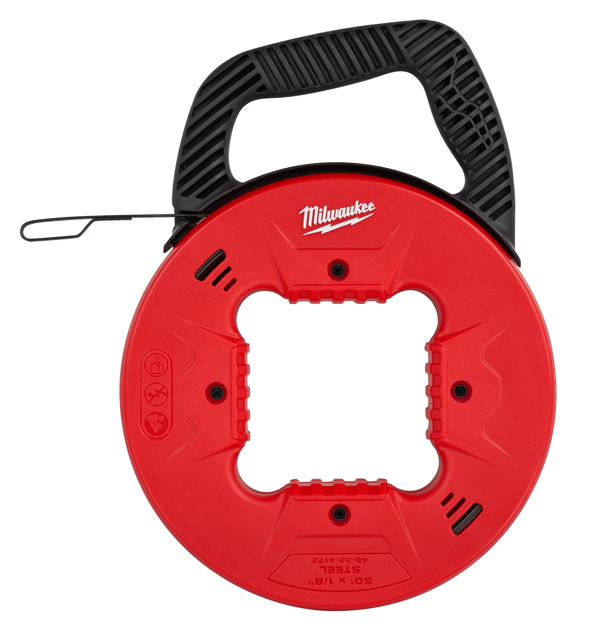 Red and black Milwaukee fish tape reel with steel tape extended from left side.