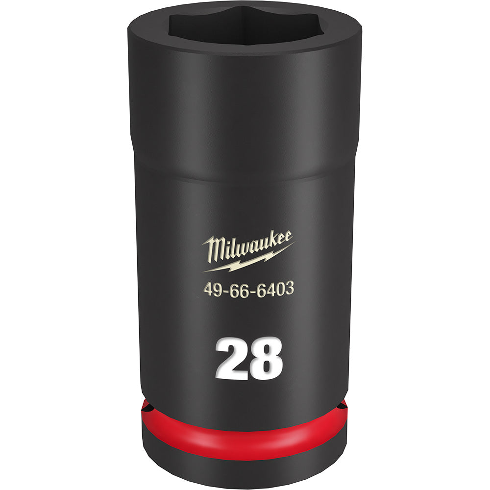 Black cylindrical deep socket with hexagonal opening, red band near base, Milwaukee branding and 28MM size marking visible.