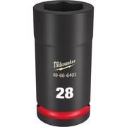 Black cylindrical deep socket with hexagonal opening, red band near base, Milwaukee branding and 28MM size marking visible.