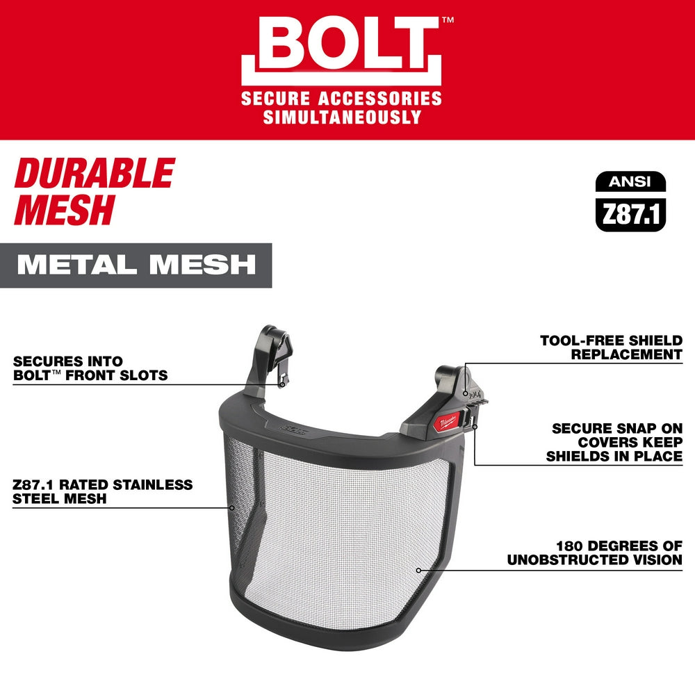 Milwaukee BOLT full face shield with stainless steel metal mesh, black frame, and mounting brackets for helmet attachment.