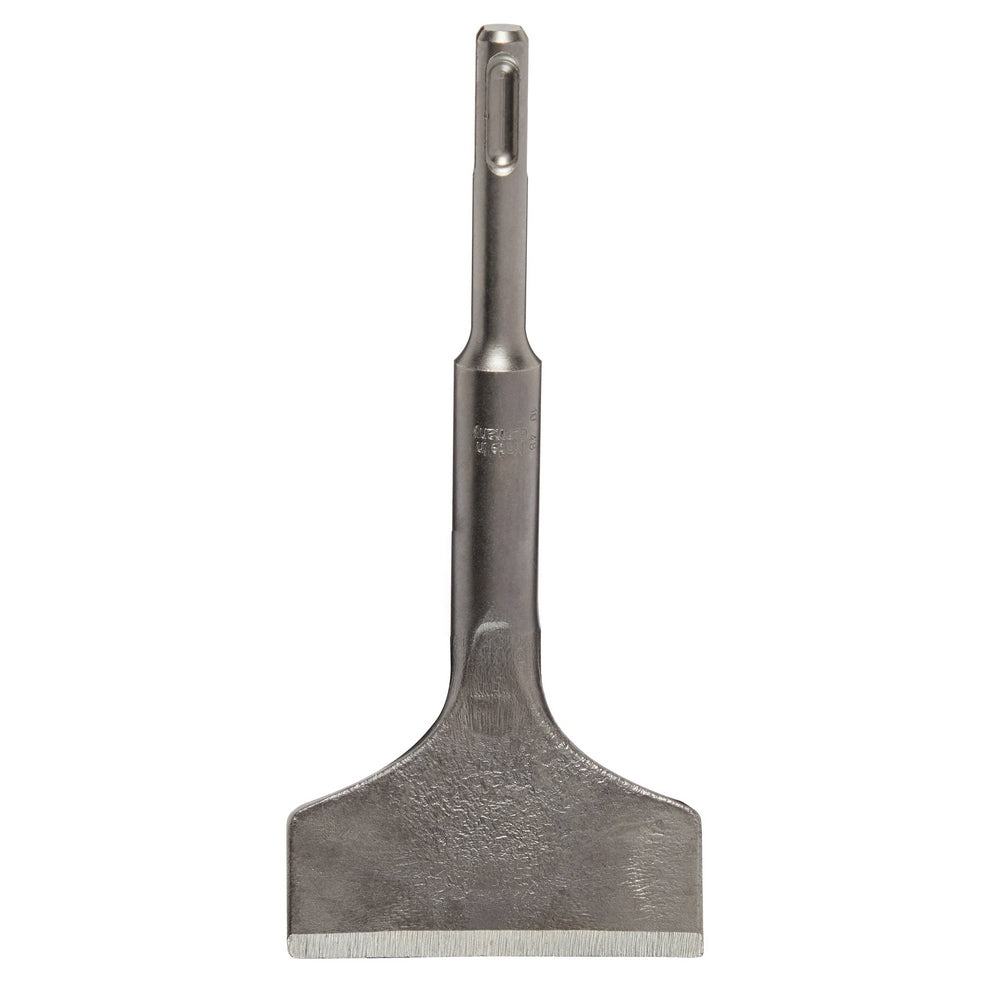 Milwaukee SDS-Plus tile chisel with flat blade head and brush bristles at base, long shaft with grip grooves.