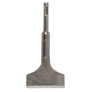 Milwaukee SDS-Plus tile chisel with flat blade head and brush bristles at base, long shaft with grip grooves.