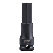 Black Milwaukee Shockwave hex bit socket with 3/8 in. drive and 1/2 in. hex opening, marked with size designation.