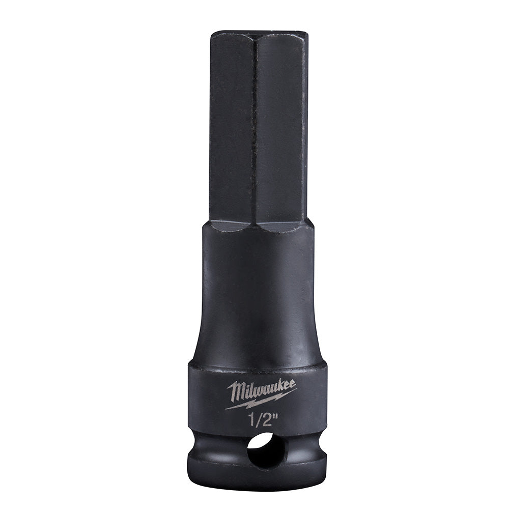 Black Milwaukee Shockwave hex bit socket with 3/8 in. drive and 1/2 in. hex opening, marked with size designation.