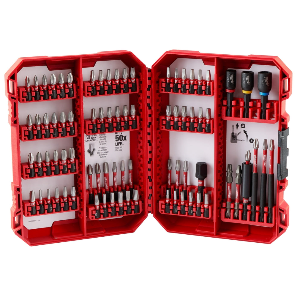 Red plastic case with 80 driver bits in various sizes and styles organized in rows across four hinged panels.