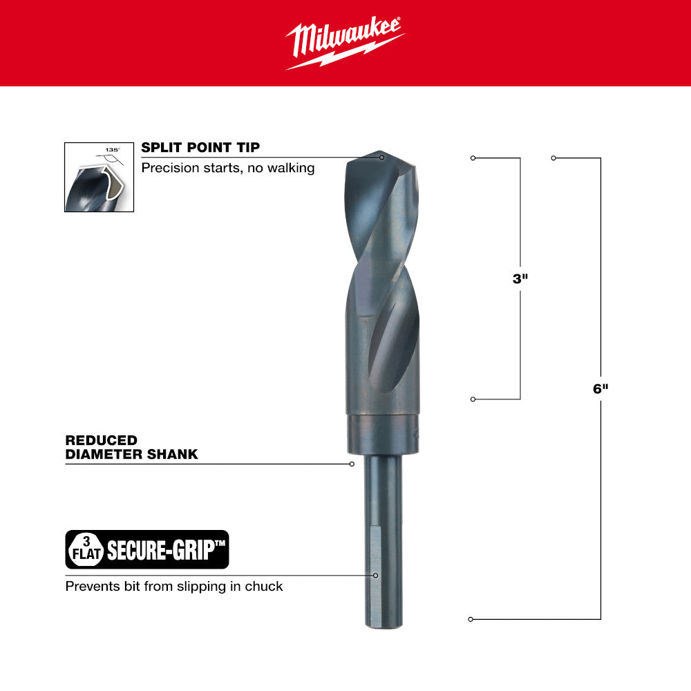 Black oxide drill bit with split point tip, reduced diameter shank, and secure-grip flats.