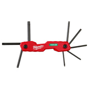 Red folding Torx key set with eight black metal keys attached to central red handle.