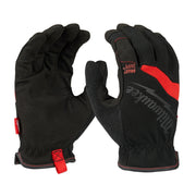 Black work gloves with red accents, padded palms, and textured fingers shown from front and back views.