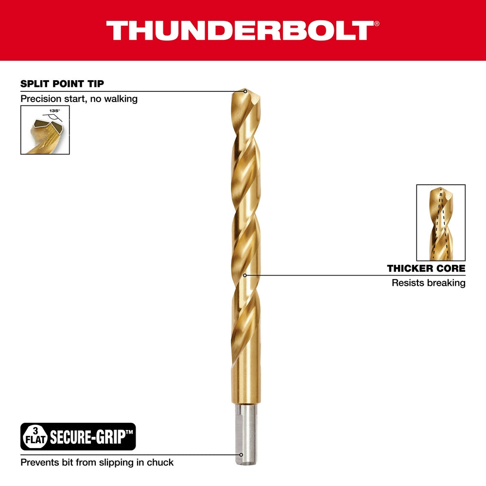 Gold titanium drill bit with split point tip, thicker core, and flat secure-grip shaft against white background.